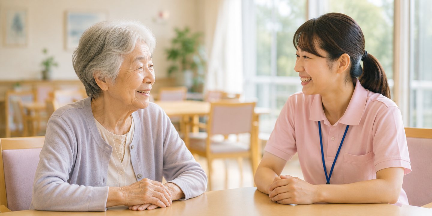 介護施設で職員が入居者に寄り添う様子