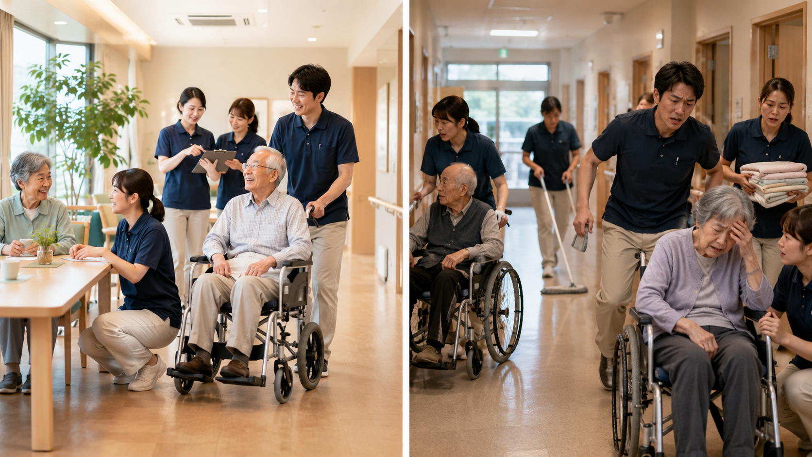 同じ人数でも采配次第で変わる現場の対比（左:落ち着いて回る組織／右:疲弊する組織）